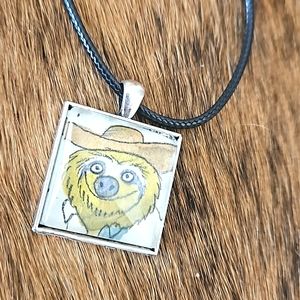 1970s Sloth in Sombrero Richard Scarry book page necklace upcycled original page
